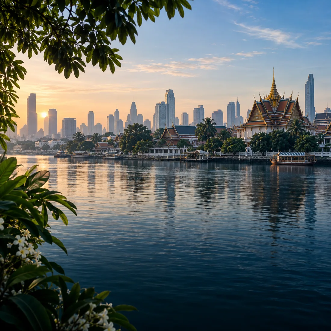AI-generated Thailand-inspired riverside scene at dawn
